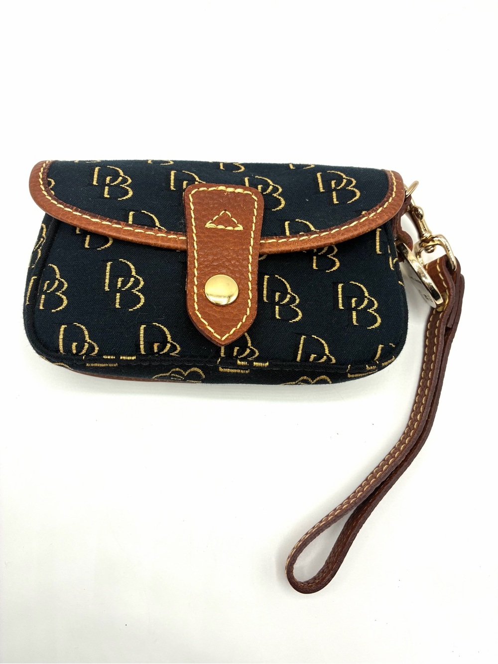 Vintage Dooney & Bourke Navy Tan DB Monogram Wristlet Pouch Blue Duck USA